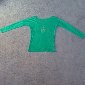 Emerald Green Long Sleeve Top With Christmas Tree Embellishment Design